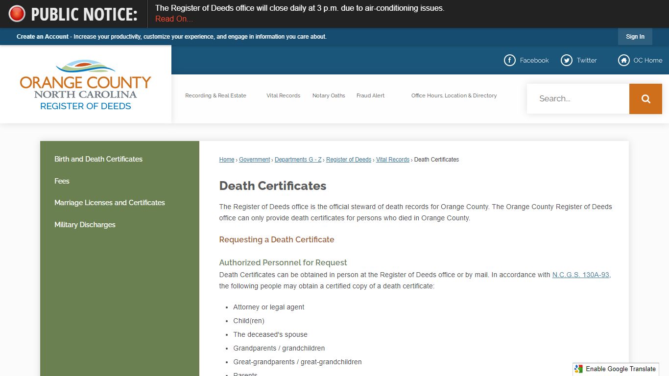Death Certificates | Orange County, NC